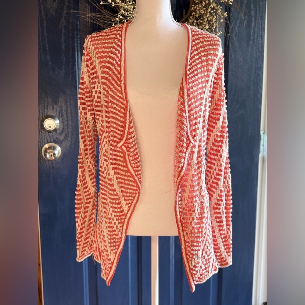 NIC+ZOE Coral & White Open Front Knit Cardigan size Medium